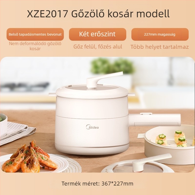MC-XZE2017 Elektromos főzőedény gőzölővel, kapacitás legfeljebb 2 L, 2 réteg, belső rozsdamentes acél tartály, mechanikus vezérlés, grill és shabu-shabu, 4–5 adaghoz