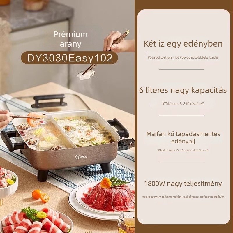 Midea mindent egyben elektromos forró fazék Yuanyang funkcióval, 5–6 L, 1200–1500 W, tapadásmentes belső edény, 3–4 személyes családi főzéshez