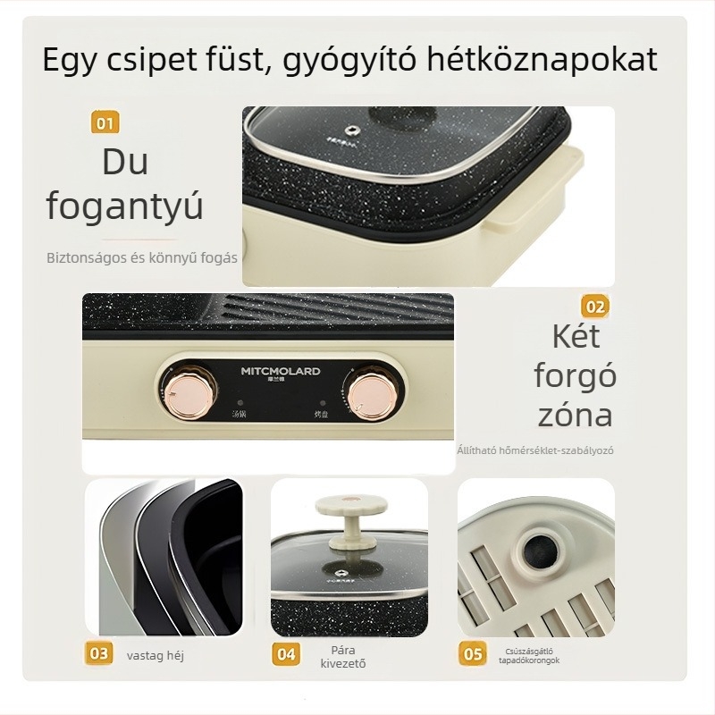 Minden‑egyben elektromos shabu-shabu fazék grillfunkcióval — 1500W, alumíniumötvözet test és belső tartály, 4–5 személyes kapacitás, hőmérséklet-szabályozás, sütés, főzés, hot pot, teppanyaki