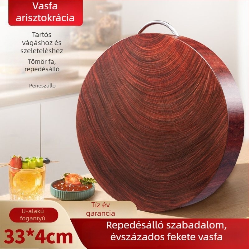 Valódi vasfából készült vágódeszka – masszív fa, antibakteriális, kör alakú, vastag kivitel a konyhának