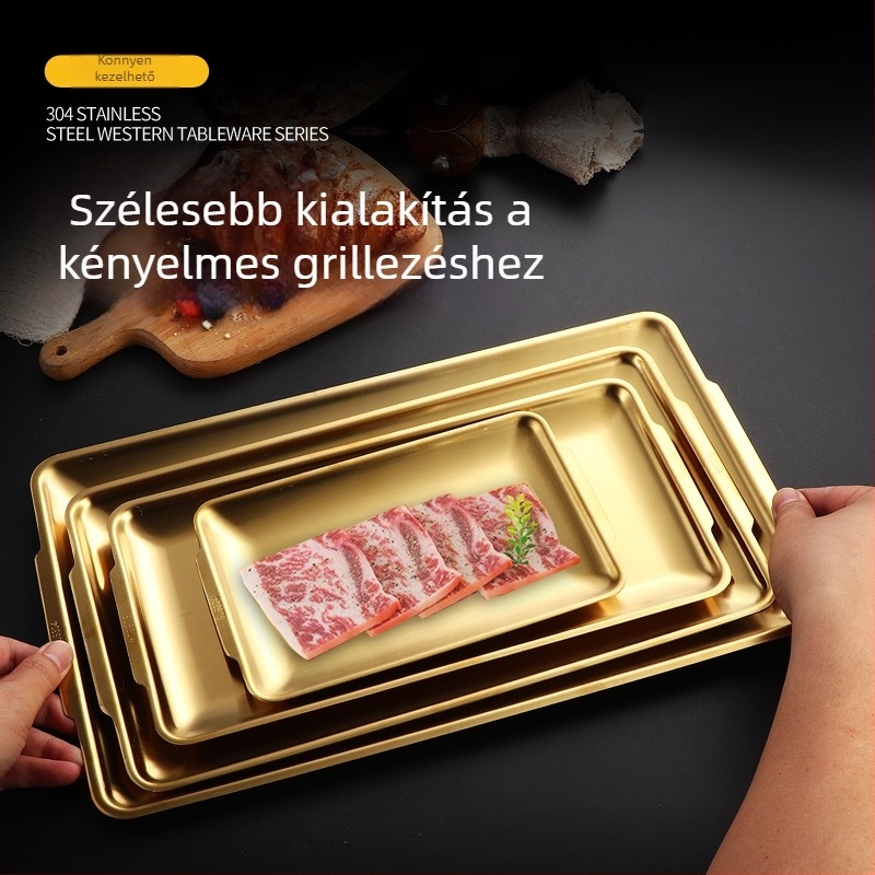 Hosszúkás téglalap alakú 304 rozsdamentes acél tálca koreai barbecue-hez, desszert és sushi tálalásához