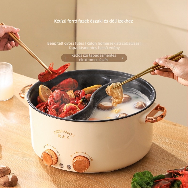 Kétfunkciós elektromos forró fazék és wok, kapacitás 4,1–6 L, 5+ személy számára, tapadásmentes belső bevonat, gombos vezérlés, modell WX-02