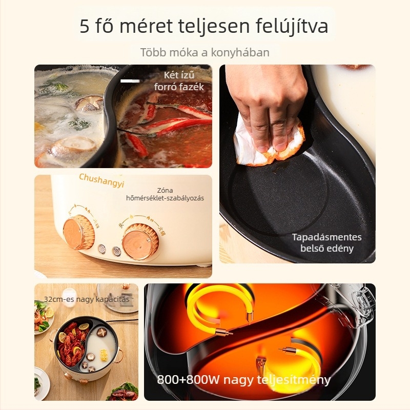Kétfunkciós elektromos forró fazék és wok, kapacitás 4,1–6 L, 5+ személy számára, tapadásmentes belső bevonat, gombos vezérlés, modell WX-02