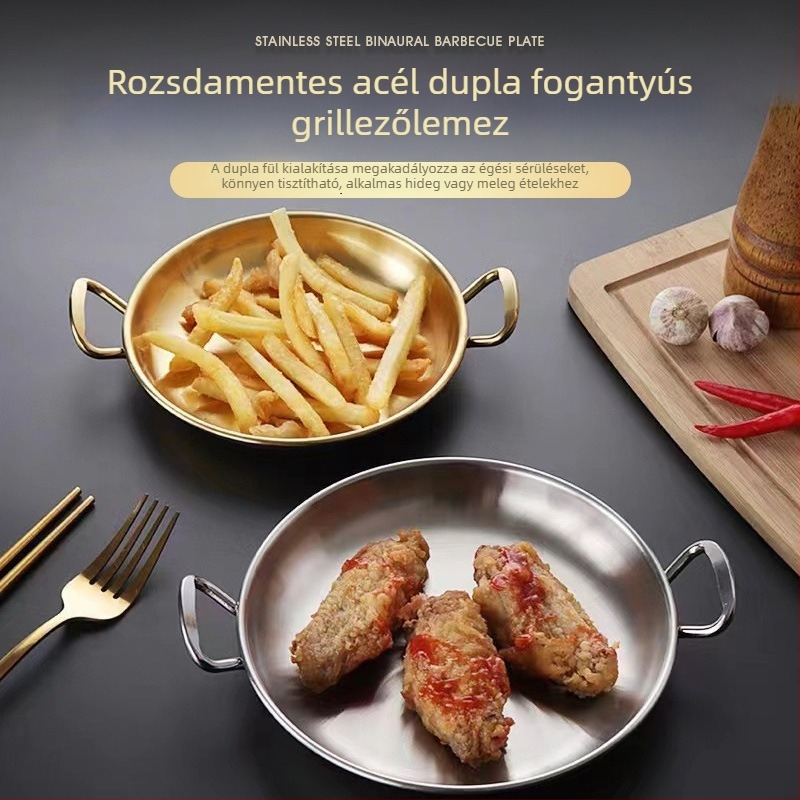 Rozsdamentes acél dupla fülű grill tál, koreai stílusú, vastagított, modern kialakítású grillezéshez és falatozáshoz