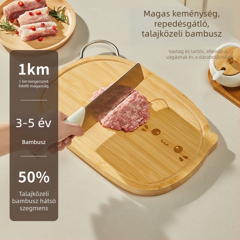Kétoldalas bambusz vágódeszka fogantyúval, konyhai használatra, zöldségek és gyümölcsök felvágásához és bébiételek előkészítéséhez; élelmiszer-minőség.