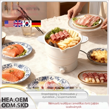 Összecsukható elektromos forralóedény, 1–2 L kapacitás, max 800 W, belső edény rozsdamentes acélból, hőmérséklet-szabályozás száraz égés elleni védelemmel.