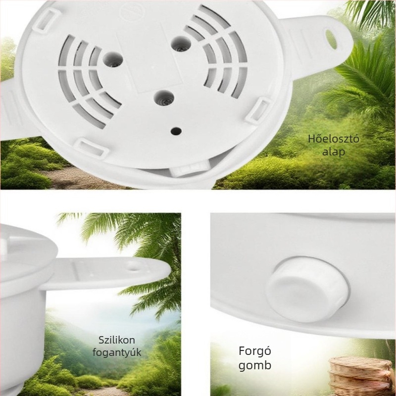 Összecsukható elektromos forralóedény, 1–2 L kapacitás, max 800 W, belső edény rozsdamentes acélból, hőmérséklet-szabályozás száraz égés elleni védelemmel.