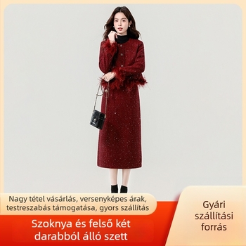 Két darabos szett: kardigán stílusú felső és midi szoknya, szövött anyag, poliészter-kasmír keverék, hosszú ujjú, japán-koreai laza stílus