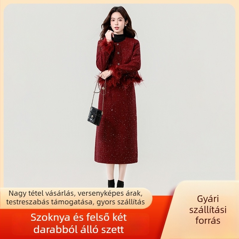 Két darabos szett: kardigán stílusú felső és midi szoknya, szövött anyag, poliészter-kasmír keverék, hosszú ujjú, japán-koreai laza stílus