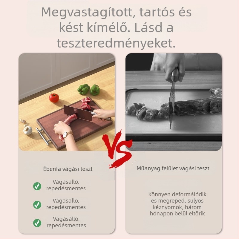 Ebenfa vágódeszka, kétoldalas, antibakteriális és penészmentes, vastagított, rozsdamentes acél éllel, konyhai használatra