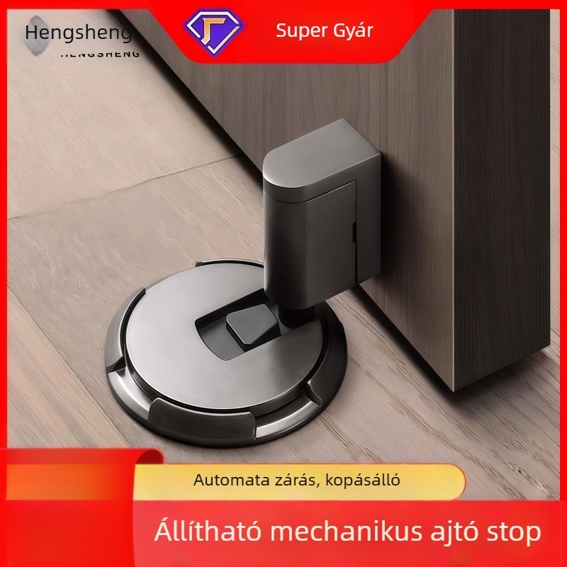Mechanikus szélbiztos padlós ajtóstop, szívóhatás, csavarozás nélküli szerelés, cinkötvözet, elektroplazált felület, padlóra szerelhető, kézi működtetés