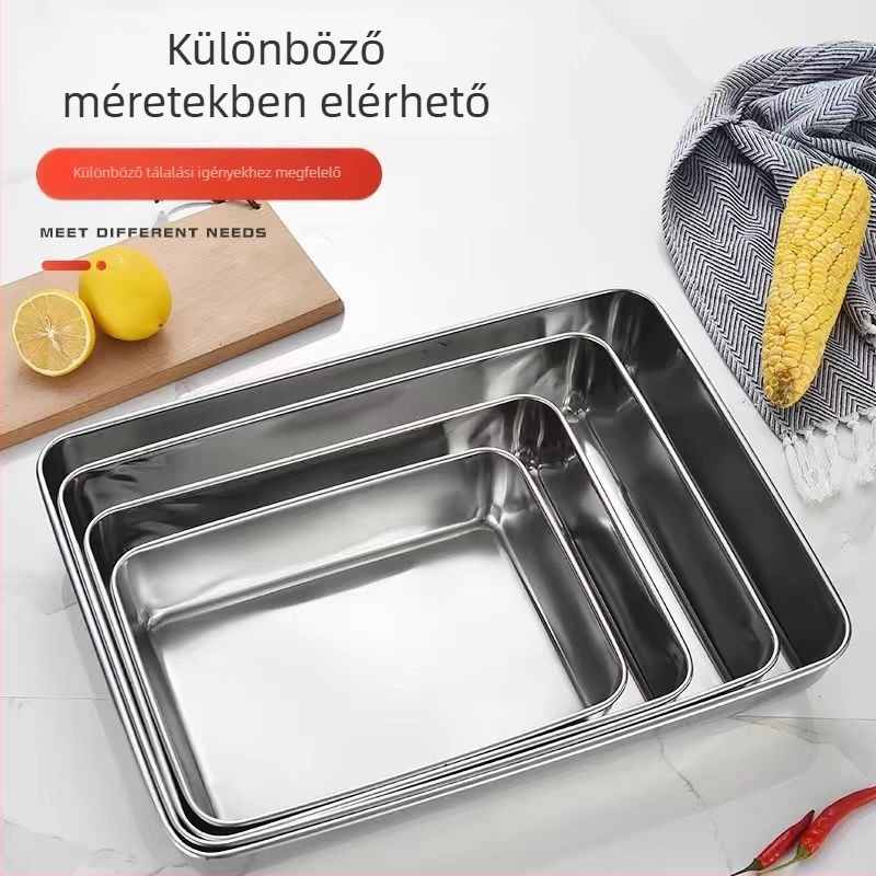 Rozsdamentes acél tálca, négyszögletes formájú, mikróban használható, mély tálkás konyhai tálca szállodai és étkezési felhasználásra