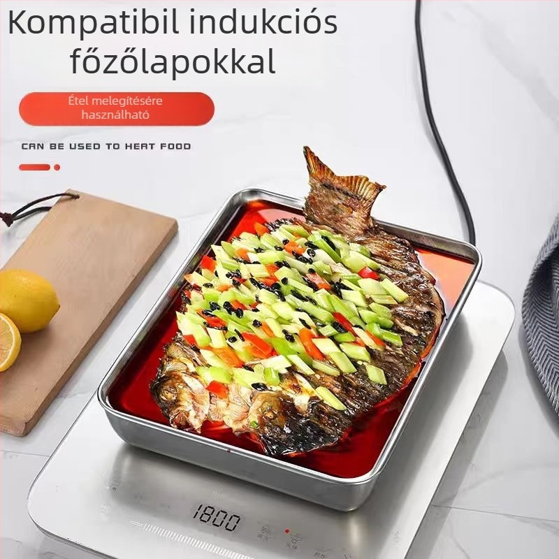Rozsdamentes acél tálca, négyszögletes formájú, mikróban használható, mély tálkás konyhai tálca szállodai és étkezési felhasználásra