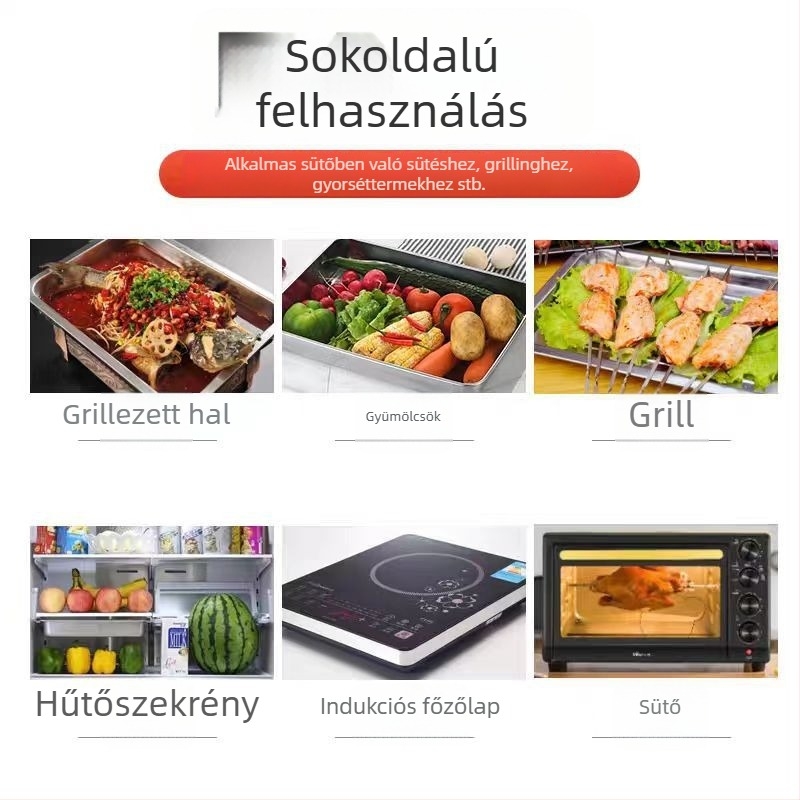 Rozsdamentes acél tálca, négyszögletes formájú, mikróban használható, mély tálkás konyhai tálca szállodai és étkezési felhasználásra