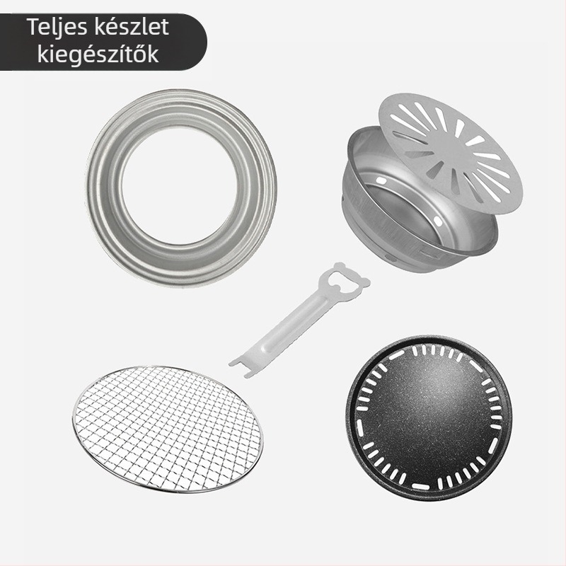Kültéri faszenes grillkészlet hálóval, grillsütőlemezzel és grill eszközökkel