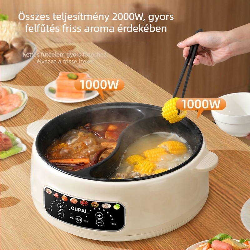 Elektromos forrófazék rozsdamentes acél belső edénnyel, 5–6 L kapacitás, 1000–1200 W, funkciók: gőzölés, pirítás, főzés