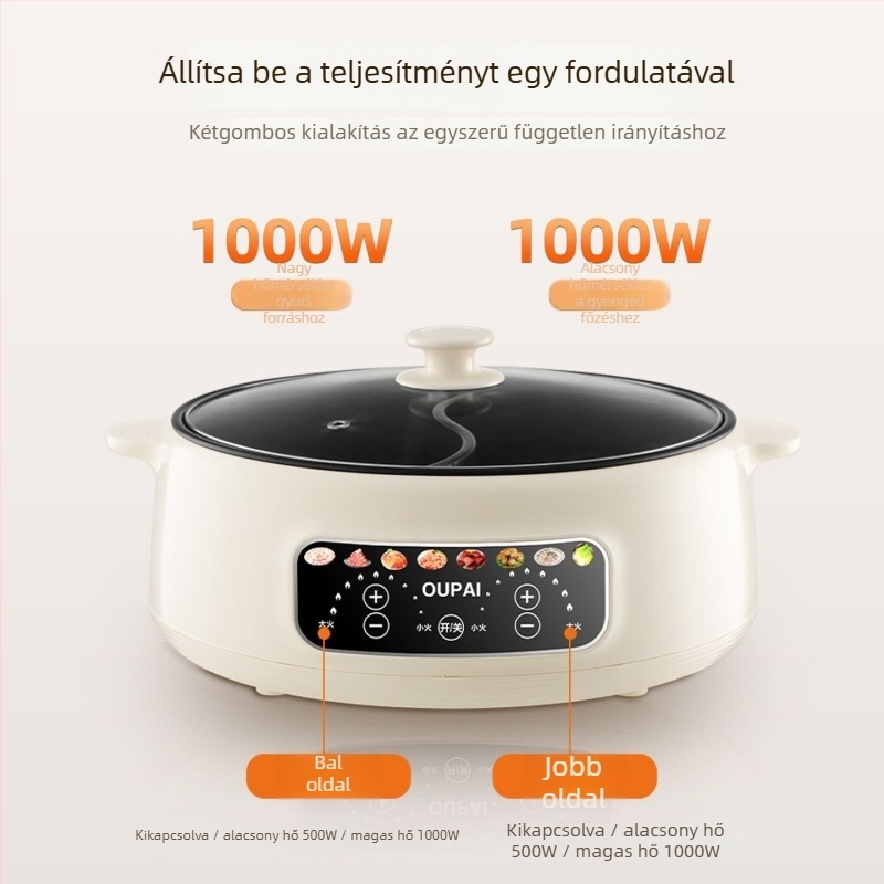 Elektromos forrófazék rozsdamentes acél belső edénnyel, 5–6 L kapacitás, 1000–1200 W, funkciók: gőzölés, pirítás, főzés