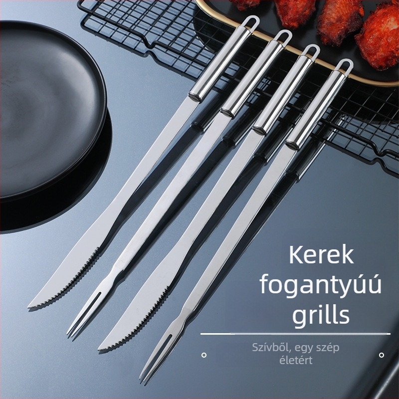 Grillkés és villa kerek fogantyúval, hosszított és vastagodott penge, rozsdamentes acél, integrált grillszerszám