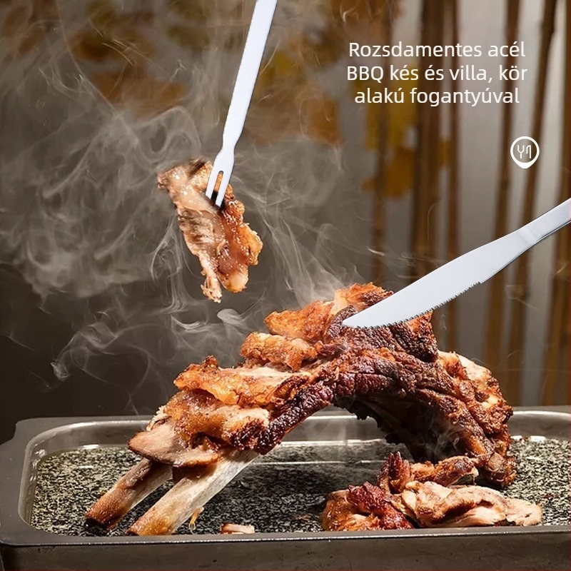 Grillkés és villa kerek fogantyúval, hosszított és vastagodott penge, rozsdamentes acél, integrált grillszerszám