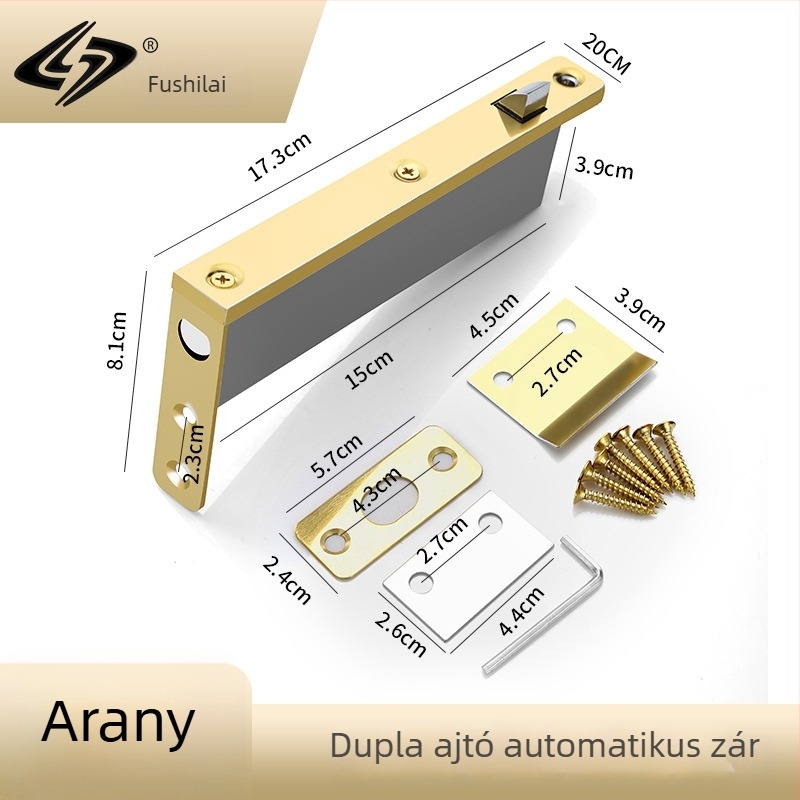 Rejtett automata zárócsap dupla ajtókhoz, rozsdamentes acél/zink ötvözet, polírozott felület, modern minimál stílus