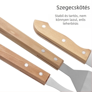 Szabadban használható BBQ szerszámkészlet rozsdamentes acélból, nyéllel: kés, fogó, villa, spatula