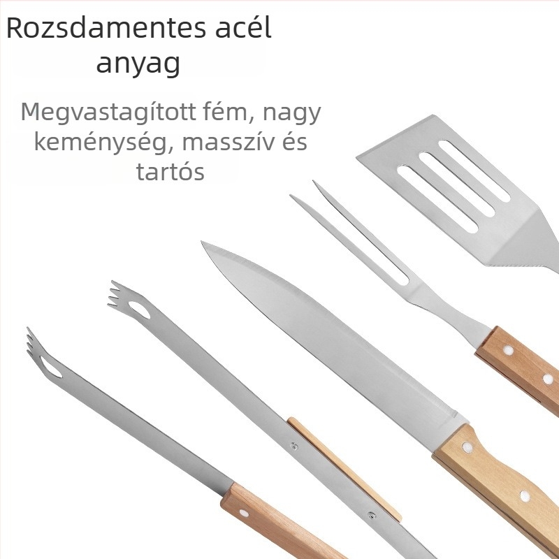 Szabadban használható BBQ szerszámkészlet rozsdamentes acélból, nyéllel: kés, fogó, villa, spatula