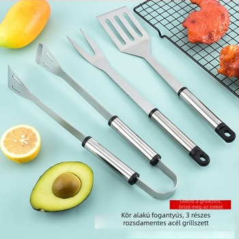 410 rozsdamentes acél BBQ eszköz készlet kerek nyéllel, 3 darab: villa, spatula és csipesz, kültéri grillezéshez.