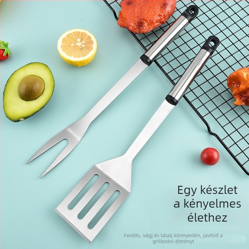 410 rozsdamentes acél BBQ eszköz készlet kerek nyéllel, 3 darab: villa, spatula és csipesz, kültéri grillezéshez.