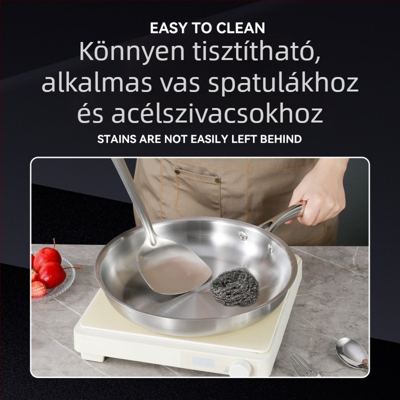 Rozsdamentes acél serpenyő és wok lapos aljú, bevonat nélküli, 410 rozsdamentes acél, üvegfedő, méretek 24-30 cm, kompatibil indukciós és gáztűzhellyel
