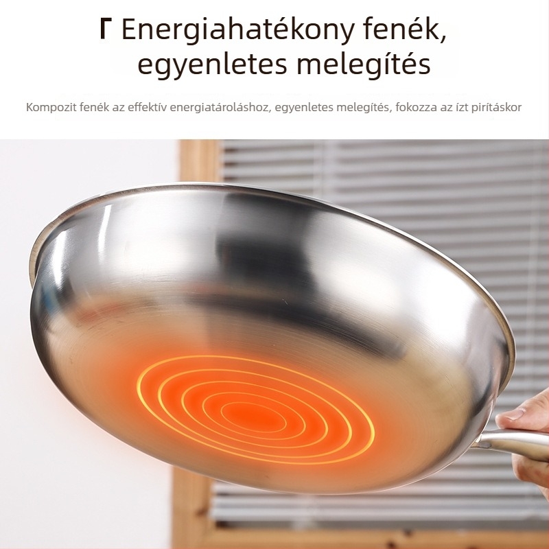 Rozsdamentes acél serpenyő és wok lapos aljú, bevonat nélküli, 410 rozsdamentes acél, üvegfedő, méretek 24-30 cm, kompatibil indukciós és gáztűzhellyel