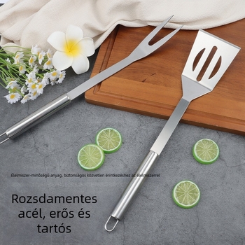 Double Clean rozsdamentes acél BBQ eszköz készlet, 4 részes: klipsz, ecset, villa és lapát; hordozható kültéren