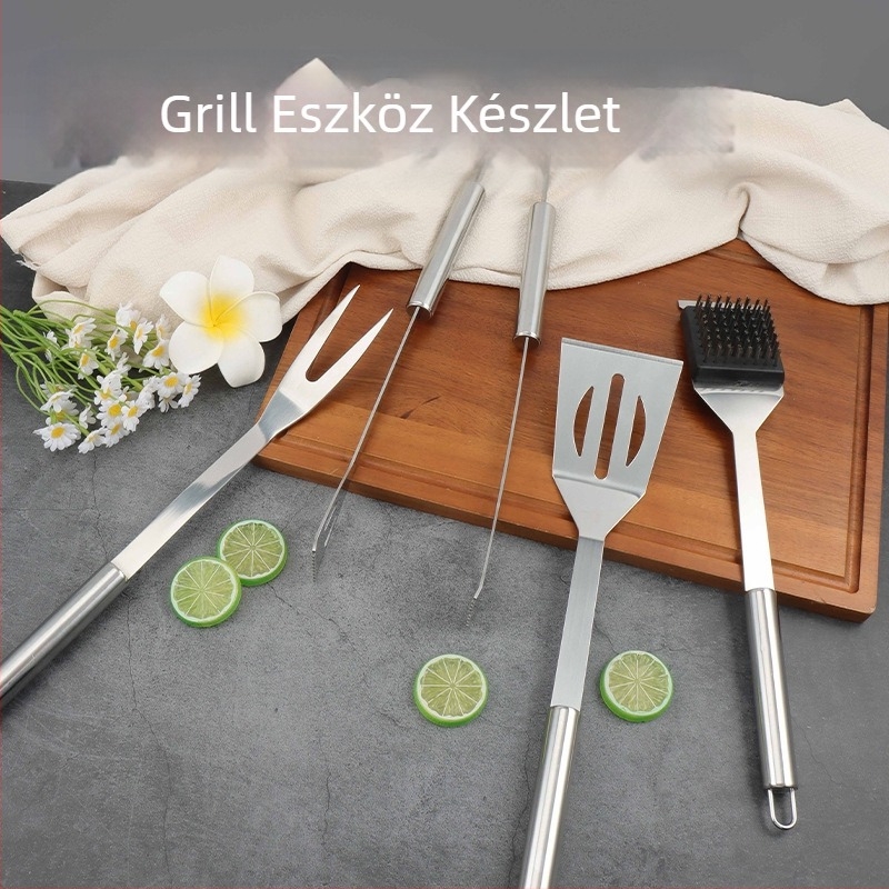 Double Clean rozsdamentes acél BBQ eszköz készlet, 4 részes: klipsz, ecset, villa és lapát; hordozható kültéren