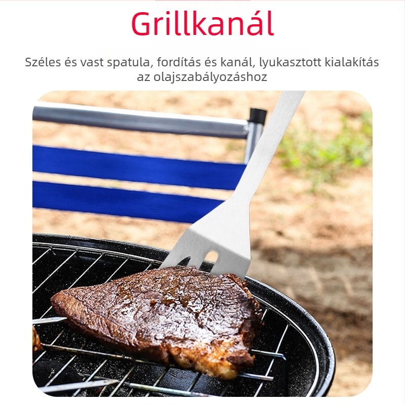 Double Clean rozsdamentes acél BBQ eszköz készlet, 4 részes: klipsz, ecset, villa és lapát; hordozható kültéren