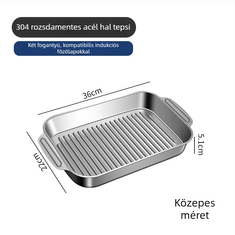 304 rozsdamentes acélból készült vastagított tepsi, négyszögletes, konkáv-konvex mintázat, elektropolírozott felület