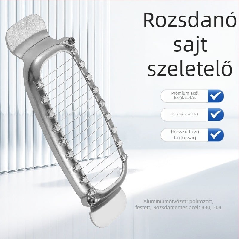 Rozsdamentes acél sajtszeletelő, élelmiszerbiztonságos, modern minimalist design, logó nyomtatás elérhető