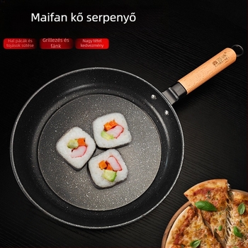 Maifan kőből készült serpenyő, tapadásmentes, finomvasból, indukciós és gáztűzhelyhez is használható, 5 cm mély, 756 g tömeg