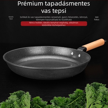 Maifan kőből készült serpenyő, tapadásmentes, finomvasból, indukciós és gáztűzhelyhez is használható, 5 cm mély, 756 g tömeg