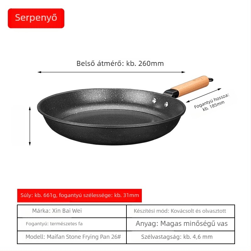 Maifan kőből készült serpenyő, tapadásmentes, finomvasból, indukciós és gáztűzhelyhez is használható, 5 cm mély, 756 g tömeg