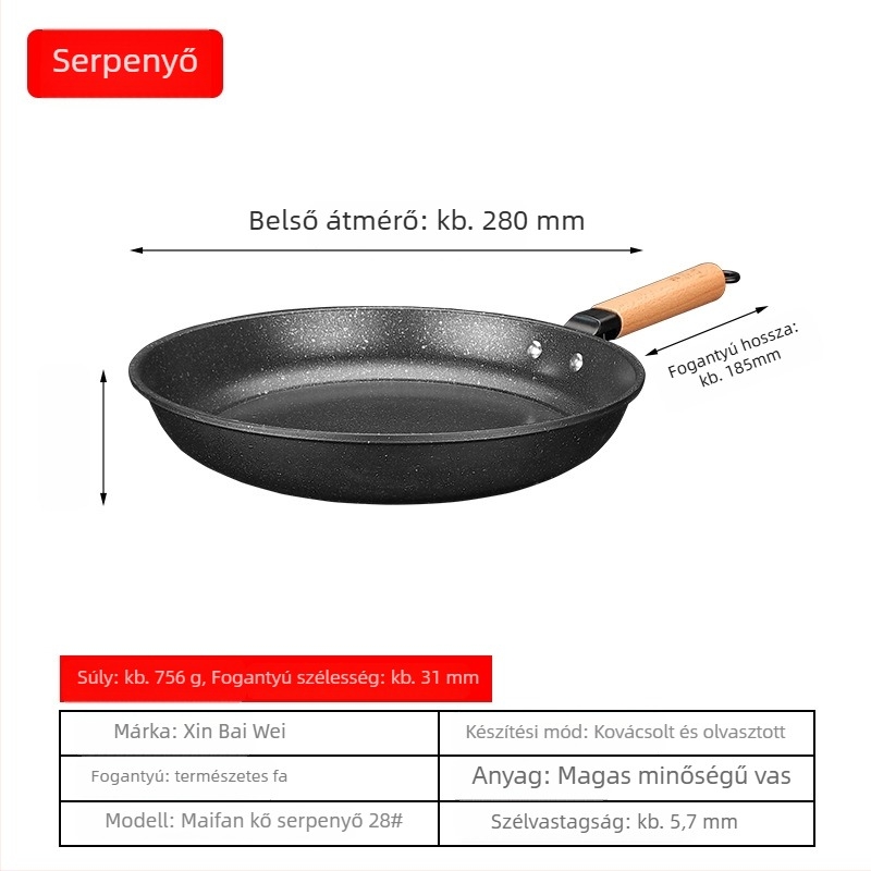 Maifan kőből készült serpenyő, tapadásmentes, finomvasból, indukciós és gáztűzhelyhez is használható, 5 cm mély, 756 g tömeg