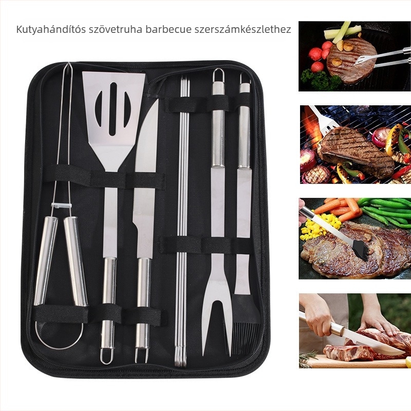 Meiyijia Rozsdamentes acél grillkészlet – kés, csipesz, villa, jel, lapát; modern minimalista BBQ eszközök