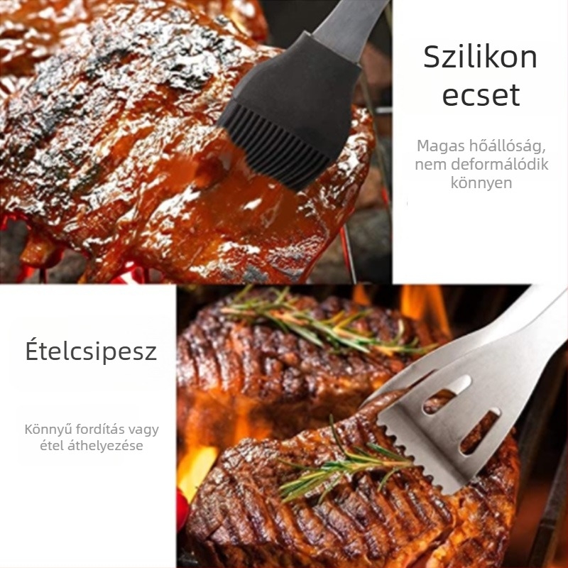 Meiyijia Rozsdamentes acél grillkészlet – kés, csipesz, villa, jel, lapát; modern minimalista BBQ eszközök