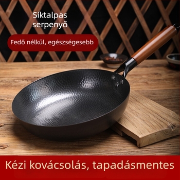 Japán stílusú vas serpenyő bevonat nélkül, fa fedéllel, egyetlen alappal, mélység 6,8 cm