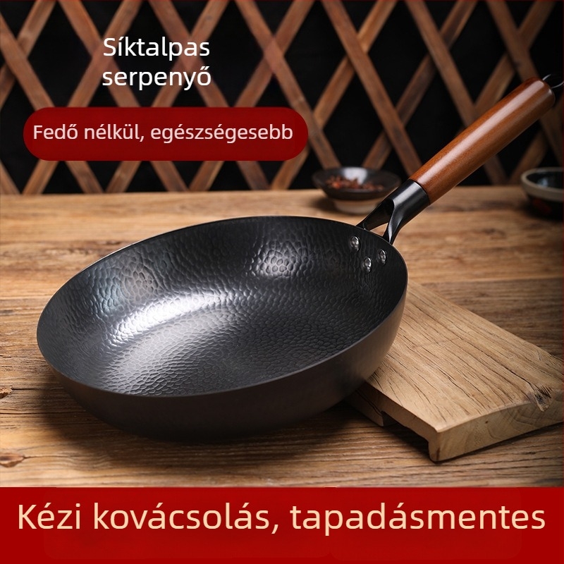 Japán stílusú vas serpenyő bevonat nélkül, fa fedéllel, egyetlen alappal, mélység 6,8 cm