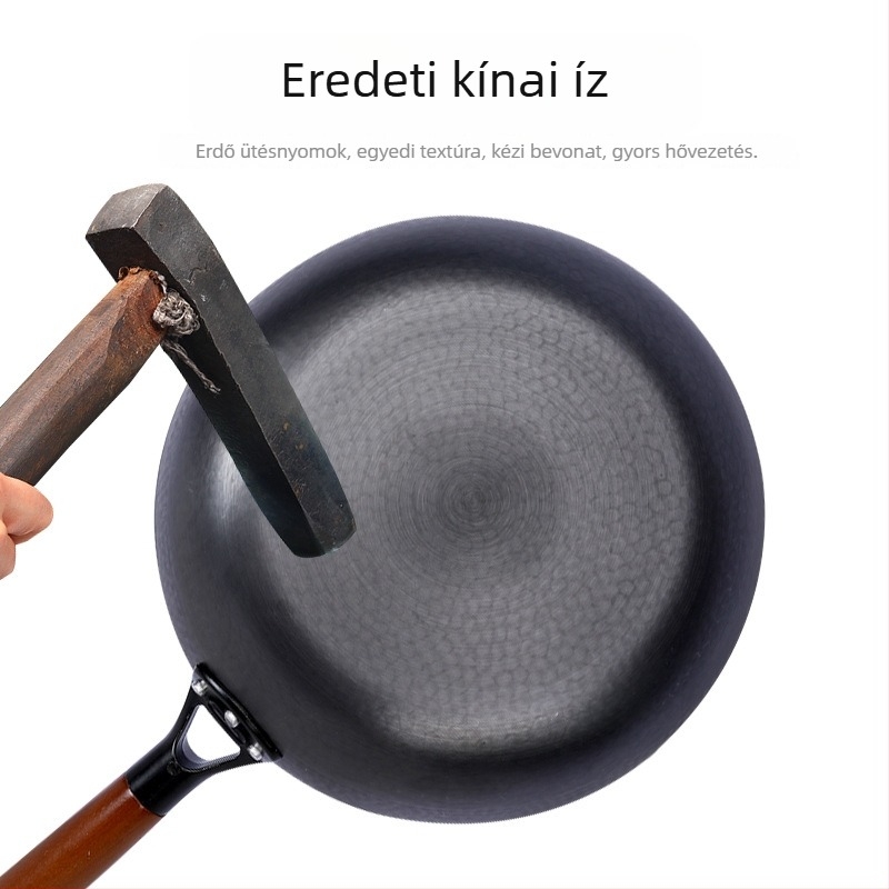Japán stílusú vas serpenyő bevonat nélkül, fa fedéllel, egyetlen alappal, mélység 6,8 cm