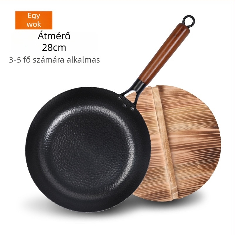 Japán stílusú vas serpenyő bevonat nélkül, fa fedéllel, egyetlen alappal, mélység 6,8 cm