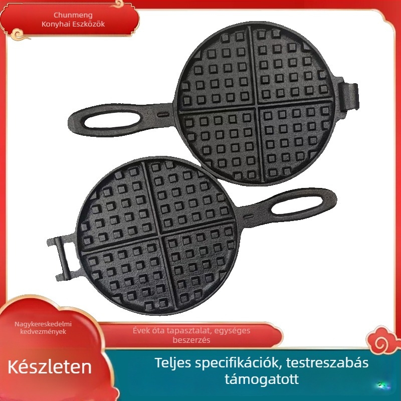 Öntöttvasból készült tömör gofripán, bevonat nélküli felülettel, kör alakú, öntöttvas fedővel