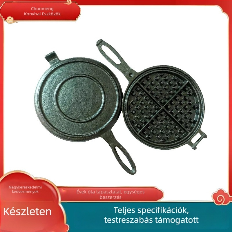 Öntöttvasból készült tömör gofripán, bevonat nélküli felülettel, kör alakú, öntöttvas fedővel