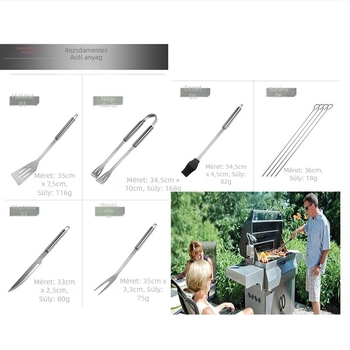 Táskás BBQ eszközkészlet rozsdamentes acélból, 9 darab, tartalmaz kés, villa, jel és lapát