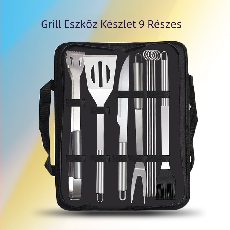Táskás BBQ eszközkészlet rozsdamentes acélból, 9 darab, tartalmaz kés, villa, jel és lapát