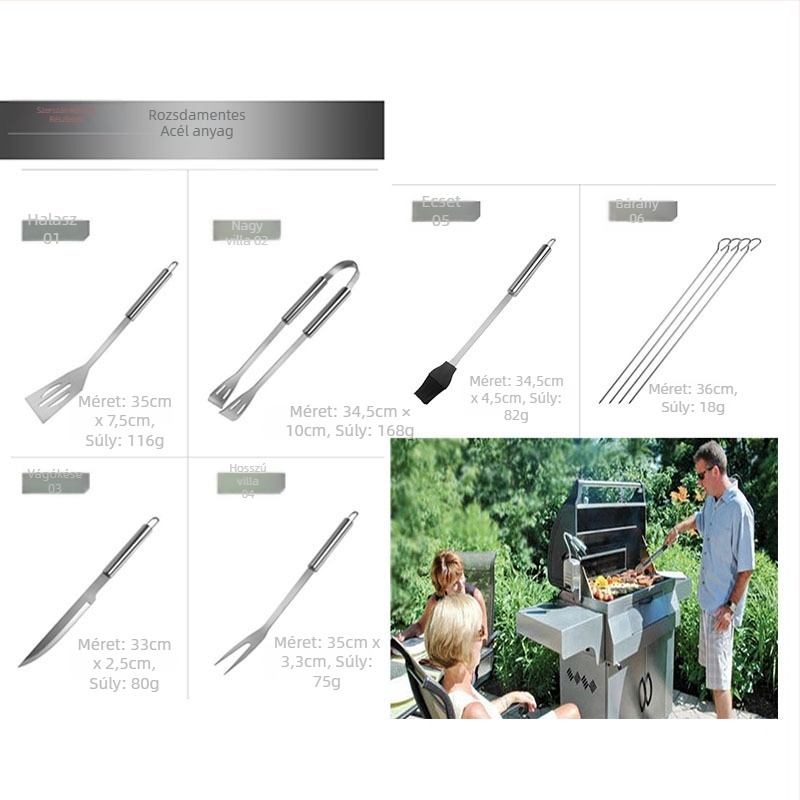 Táskás BBQ eszközkészlet rozsdamentes acélból, 9 darab, tartalmaz kés, villa, jel és lapát